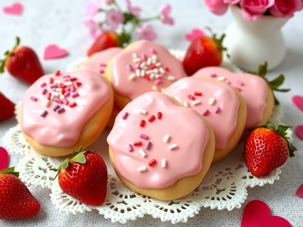 Valentine A plate of strawberry shortcake cookies with pink chocolate coating and sprinkles, surrounded by fresh strawberries and flowers.